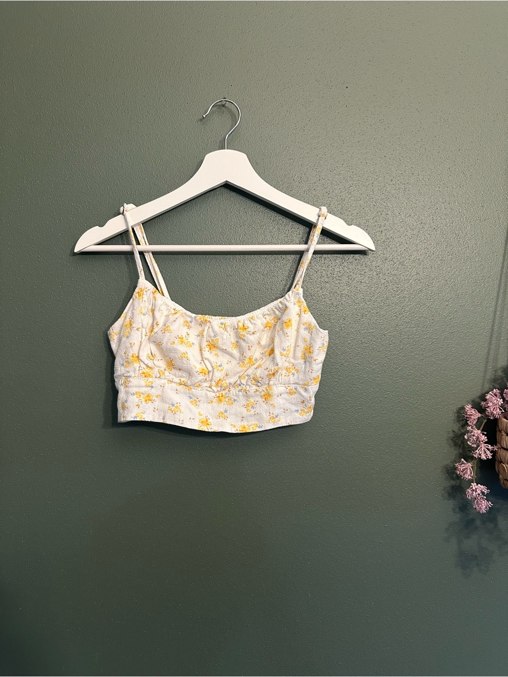 White Floral Cropped Cami Top with Yellow Accent